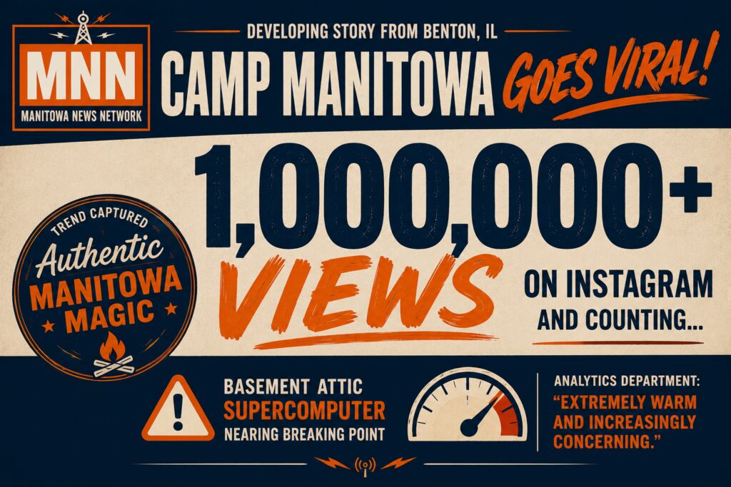 Camp Manitowa Goes Viral graphic celebrating more than 1 million views on Instagram for a viral summer camp counselor trend.